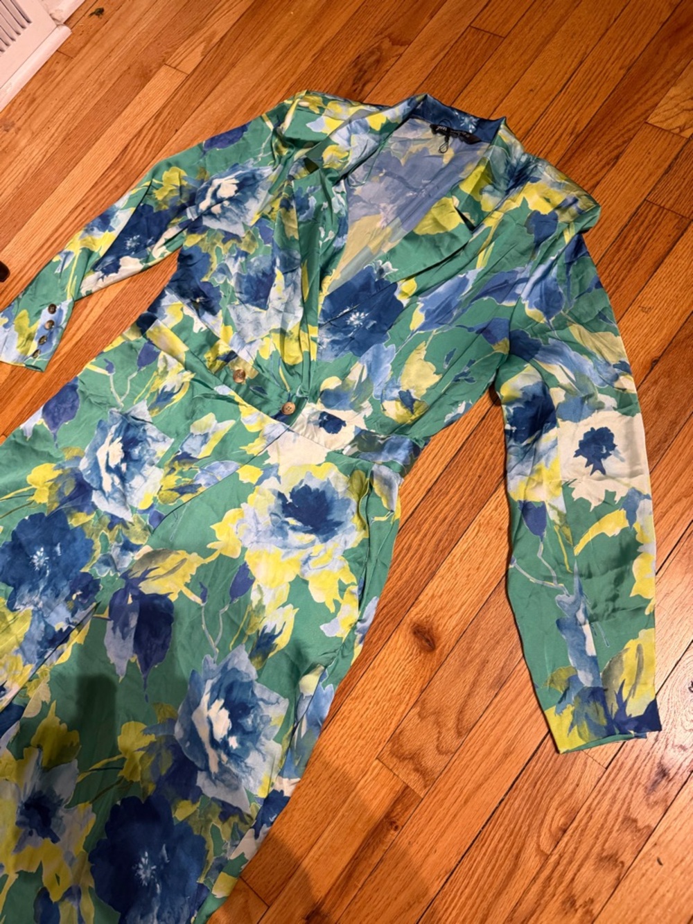 Zara Green Floral Jumpsuit long sleeve straight palazzo marble vibrant XL - Picture 5 of 9